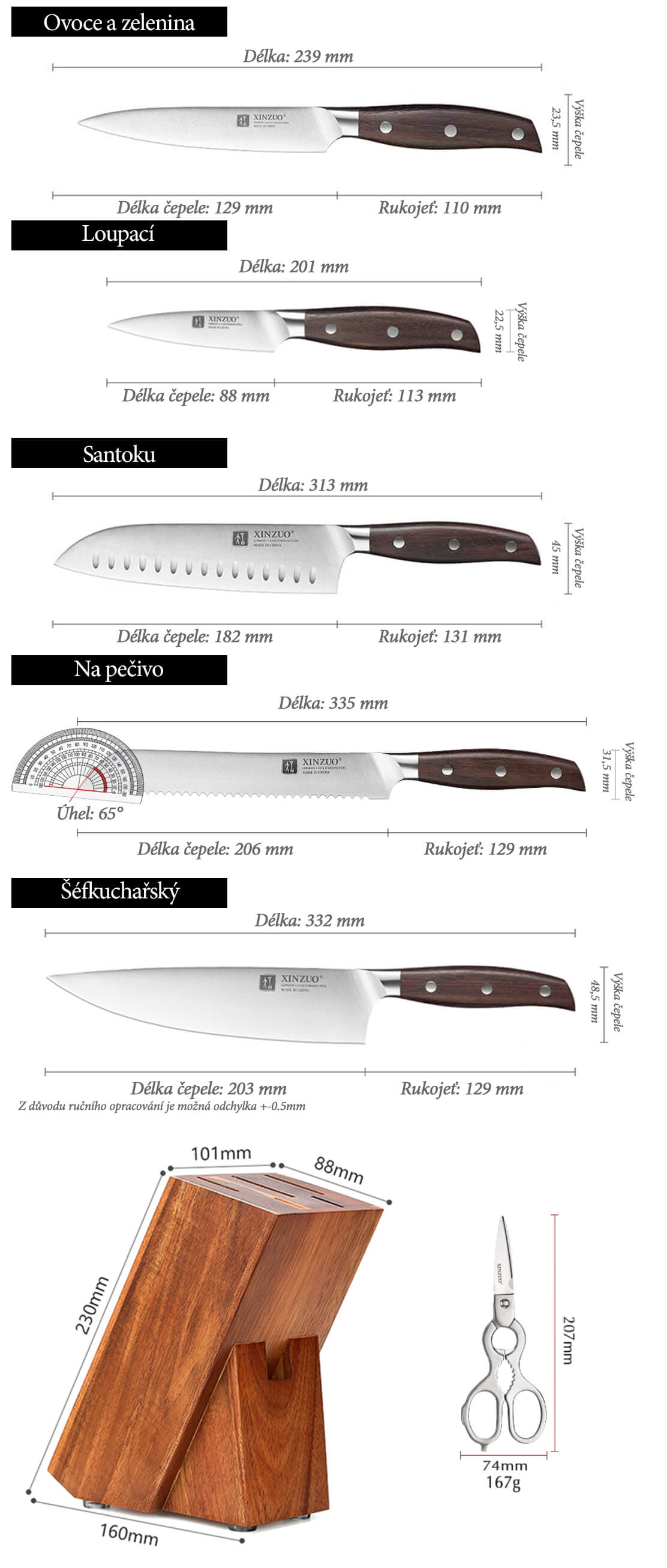 Rozměry nožů v sadě B35